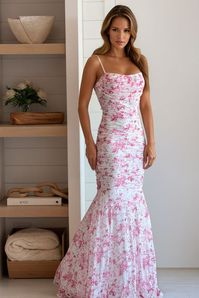 floral mermaid dress Pink Floral Pleated Mermaid Maxi Dress