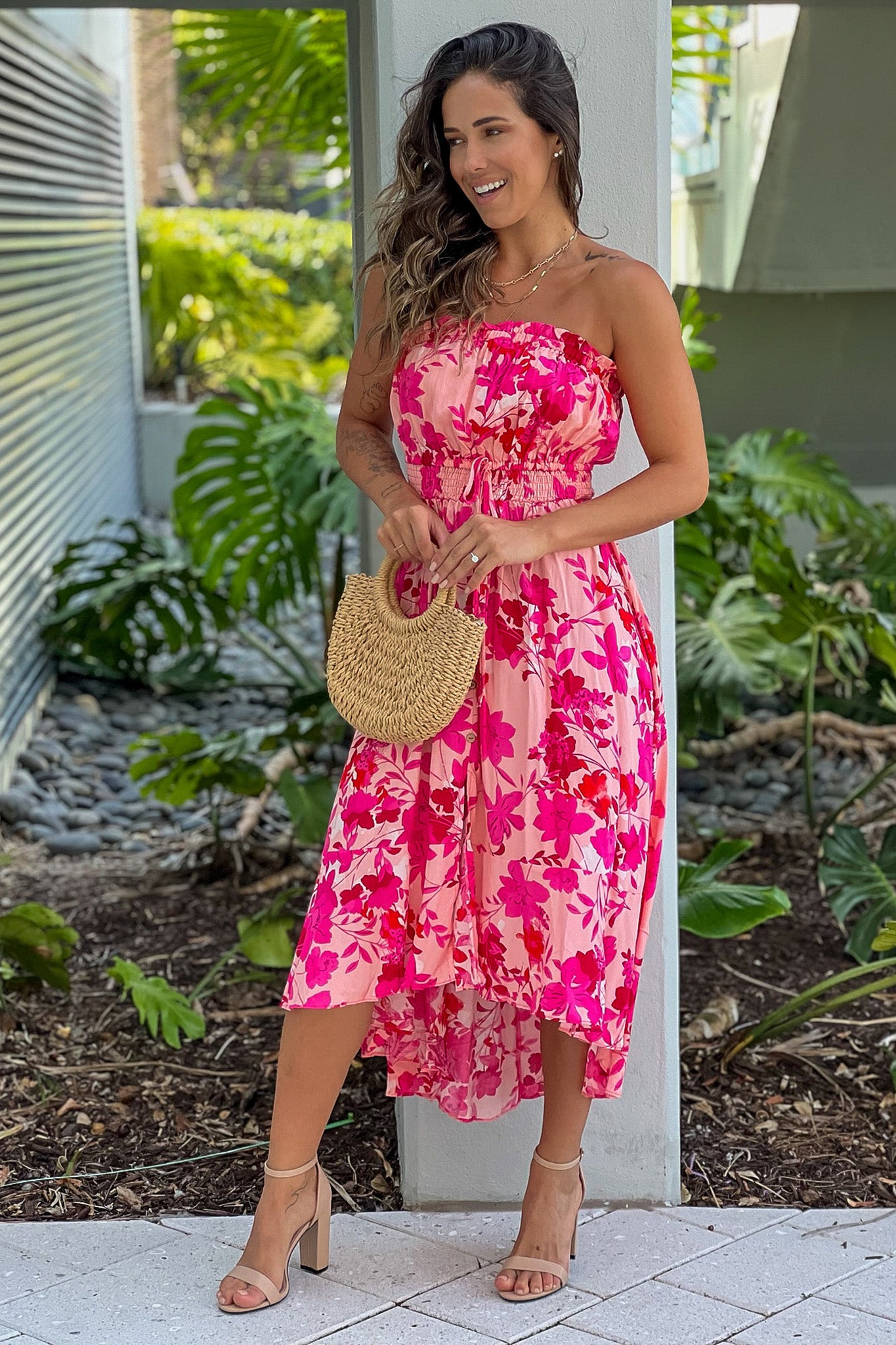 pink floral print dress