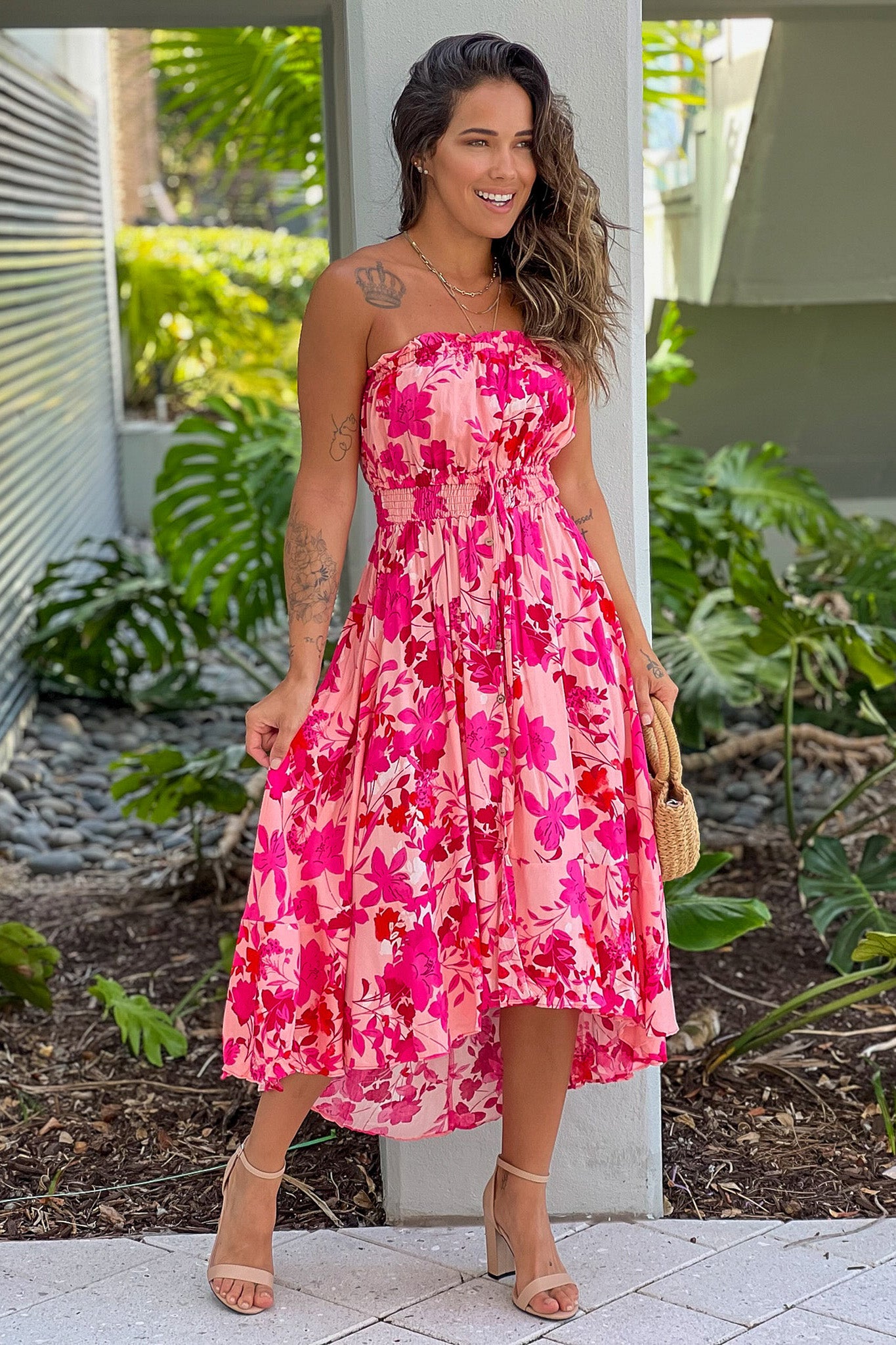 pink floral print high low dress