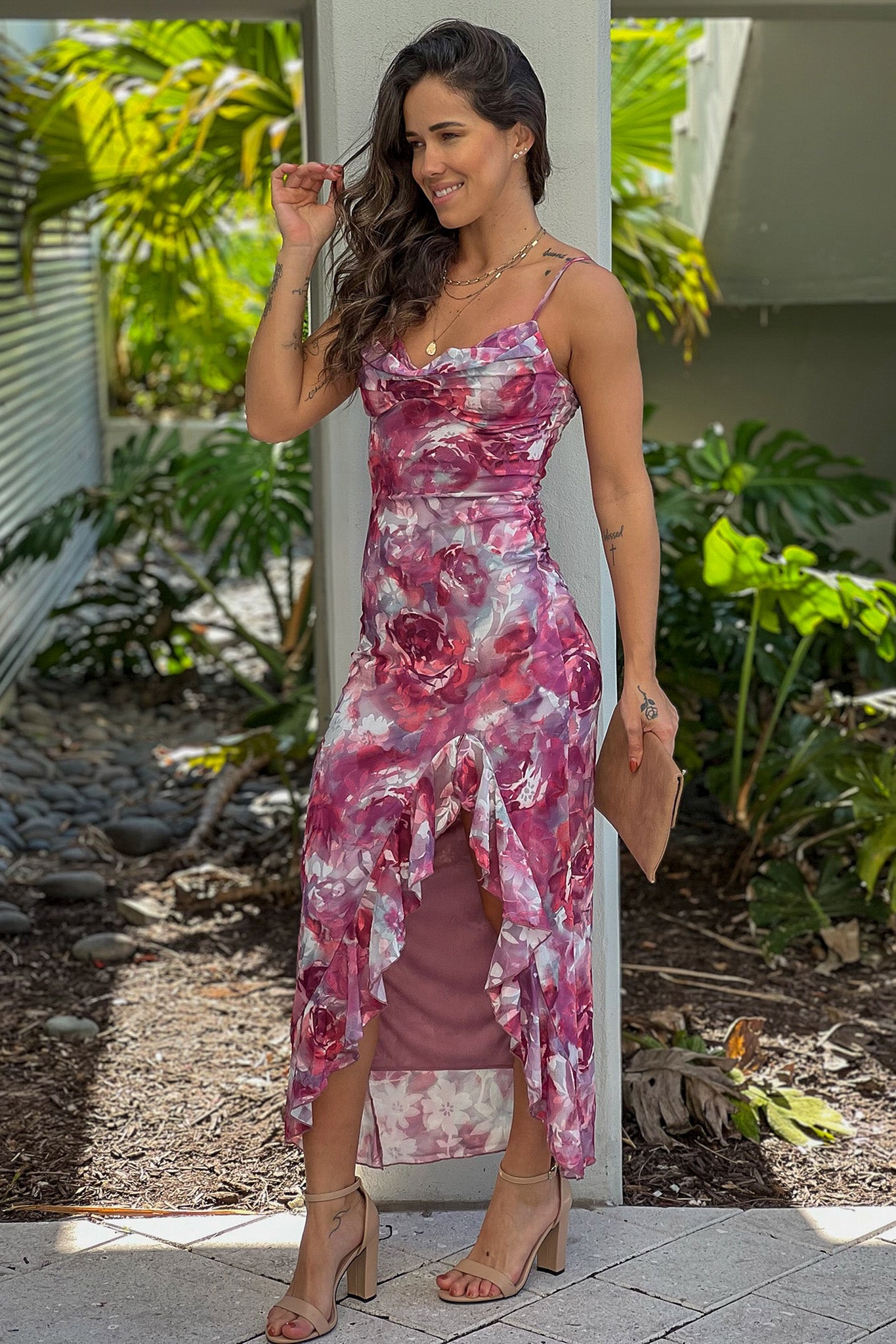 pink floral ruffled dress