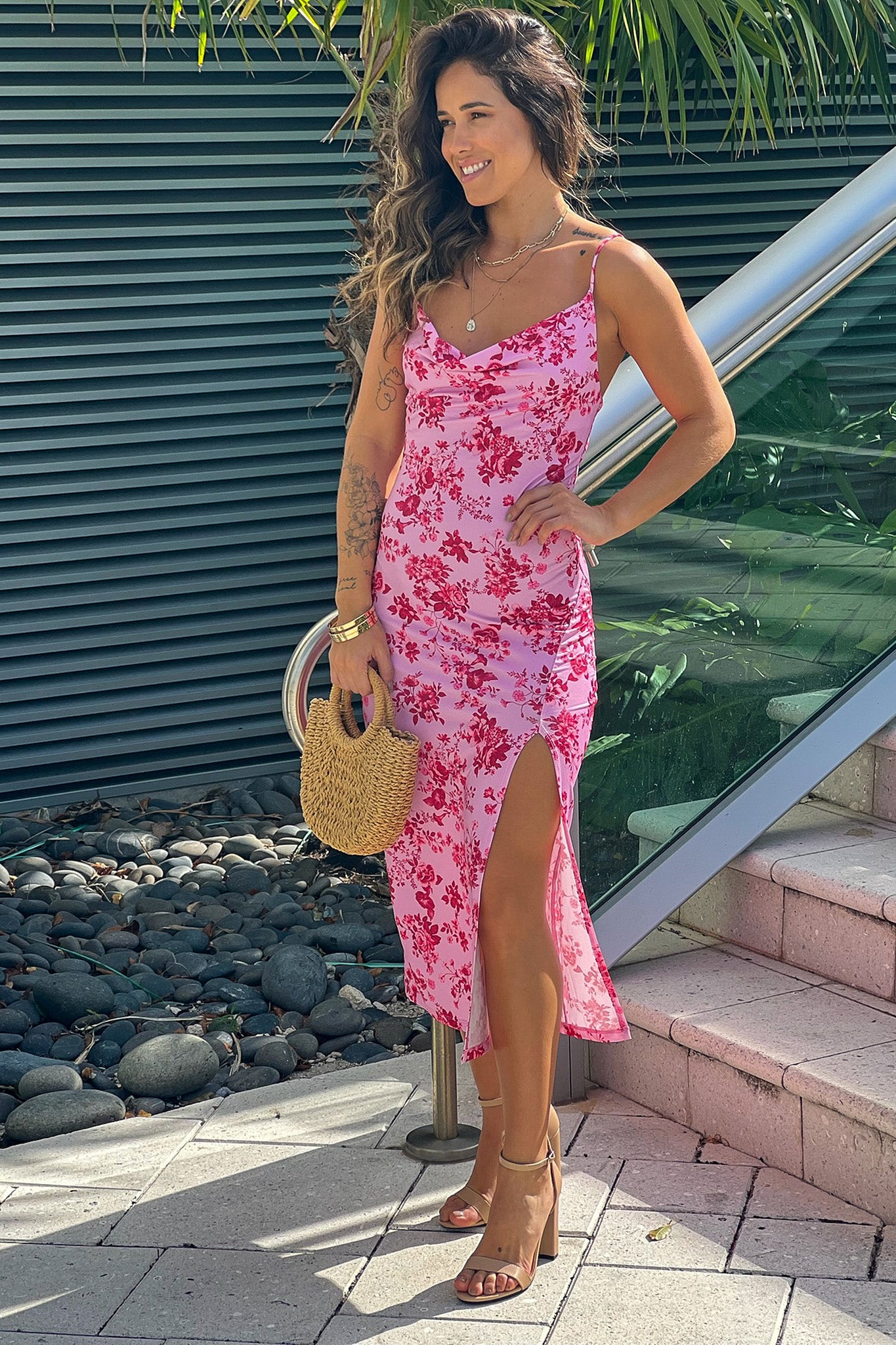 pink floral summer midi dress