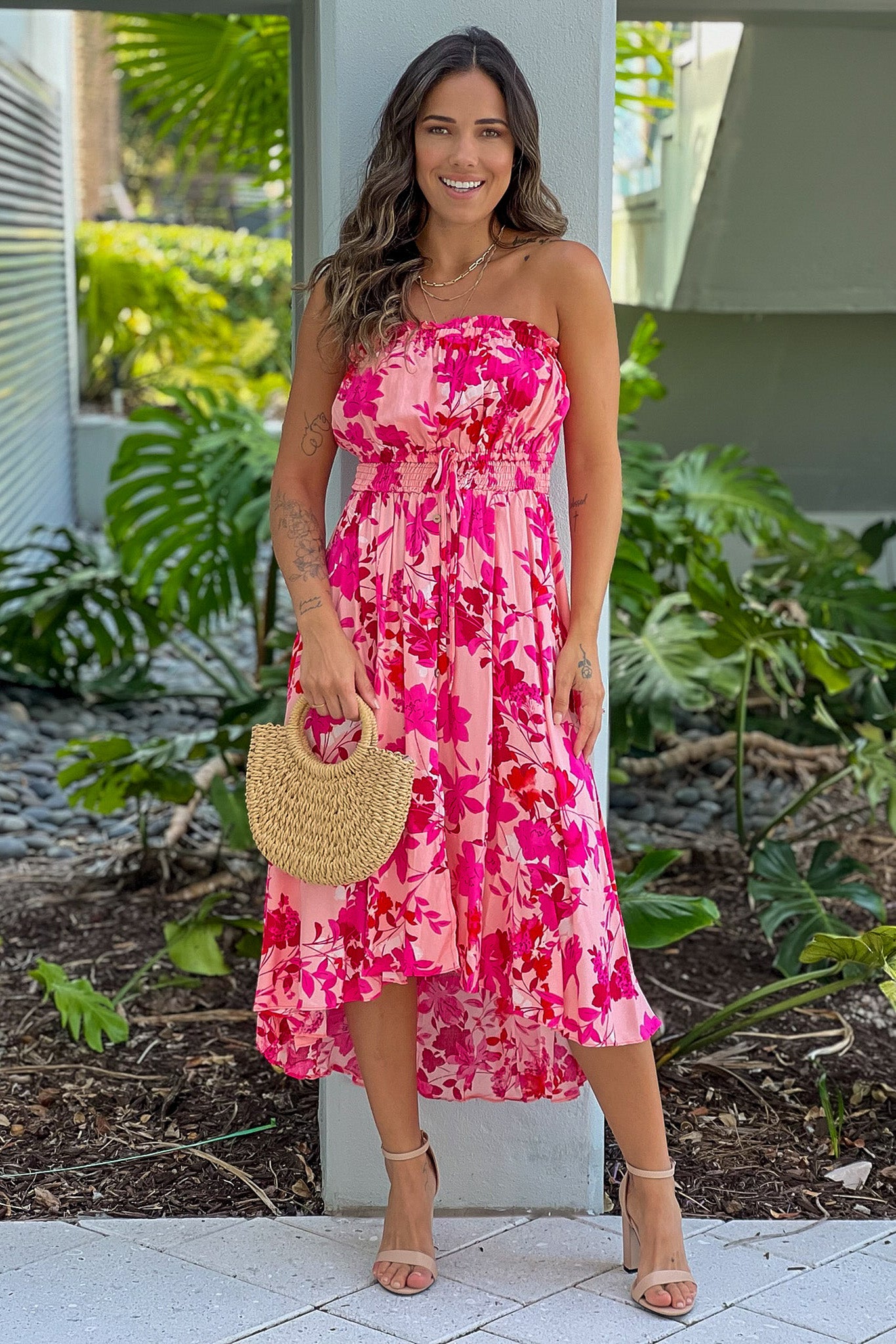 Pink Floral Print High Low Dress Pink Floral Print High Low Dress