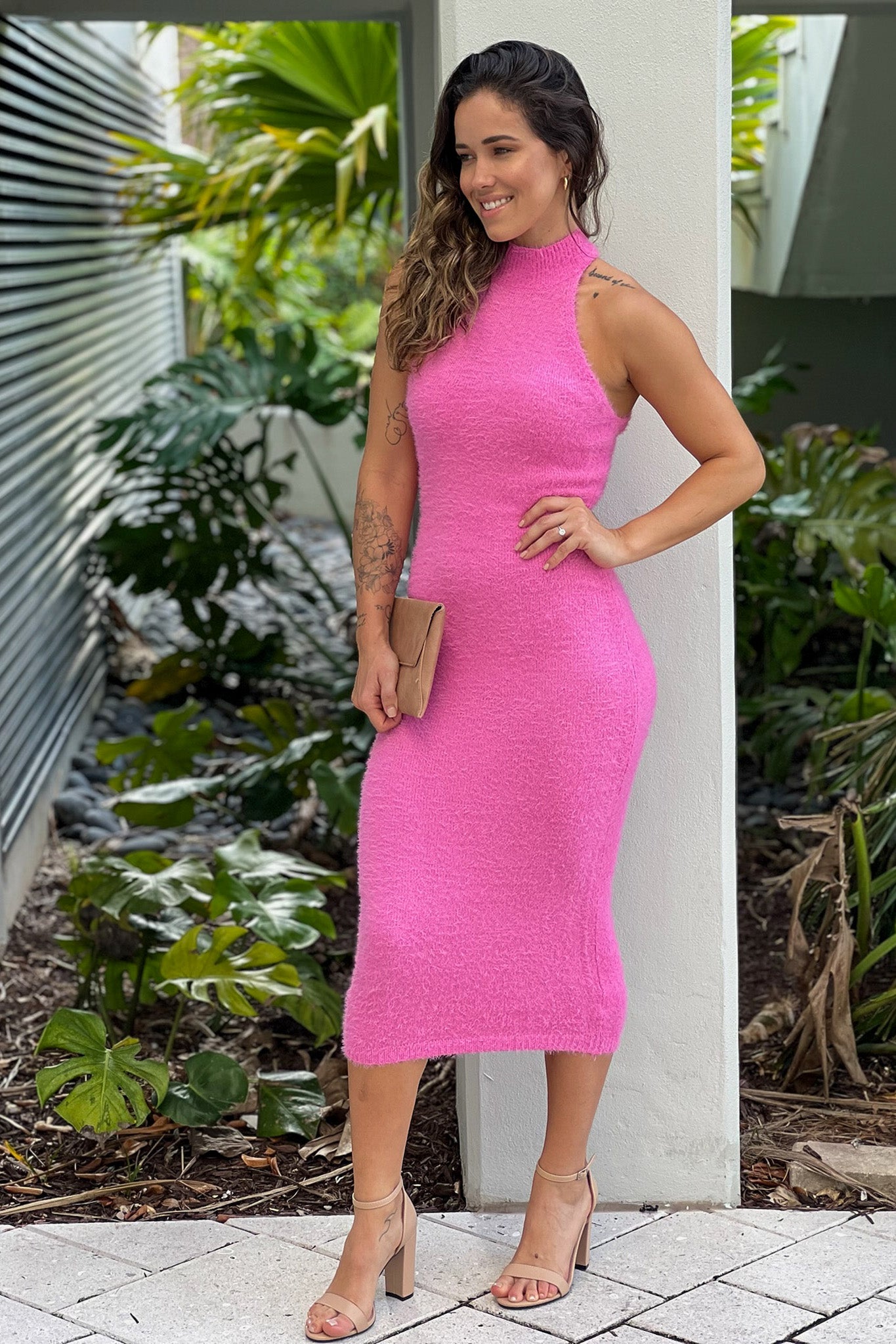 Pink Knit Midi Halter Dress With Back Buttons | Midi Dresses Saved by the Dress Pink Knit Midi Halter Dress With Back Buttons | Midi Dresses Saved by the Dress
