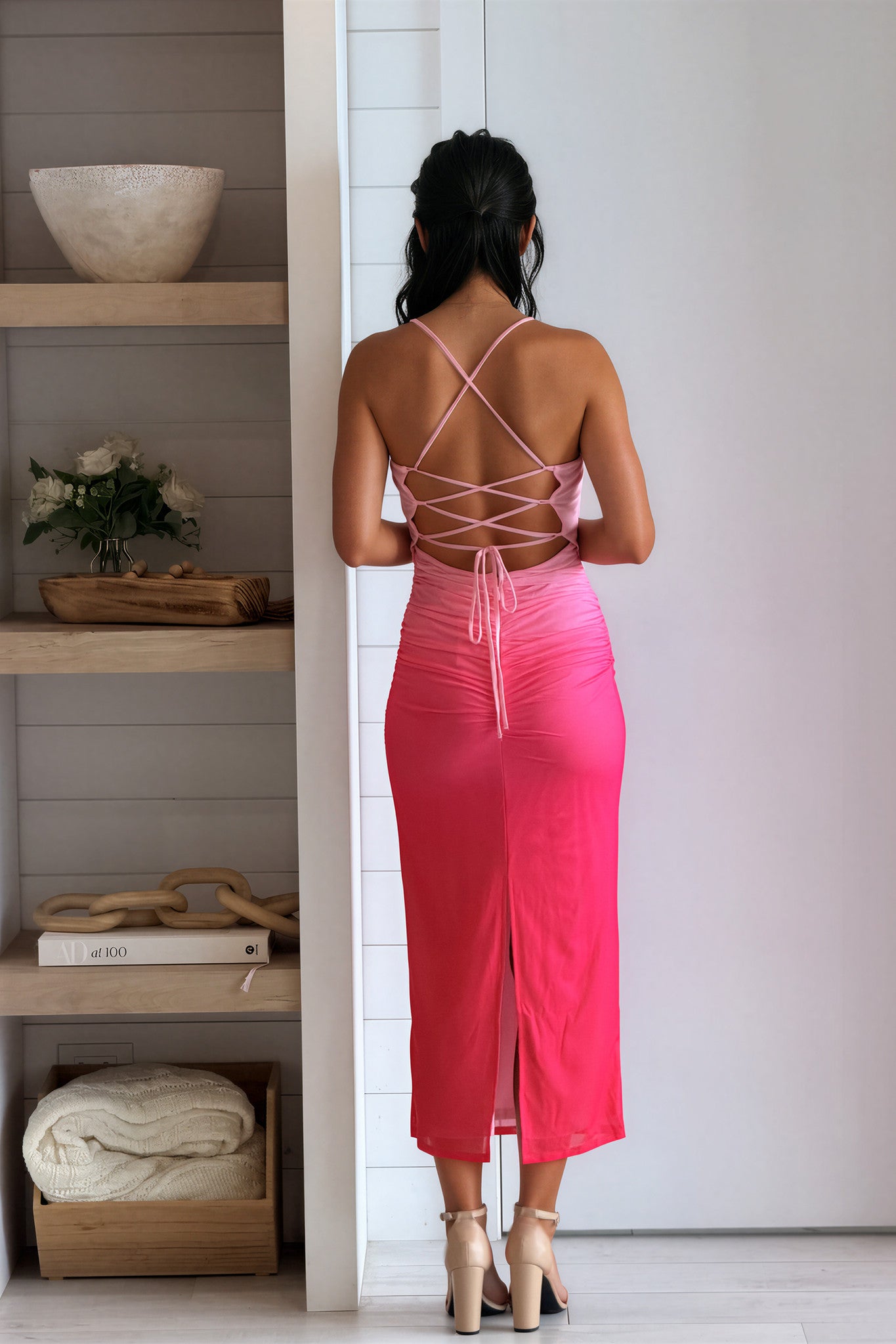 Pink Lace Up Back Ruched Ombre Midi Dress