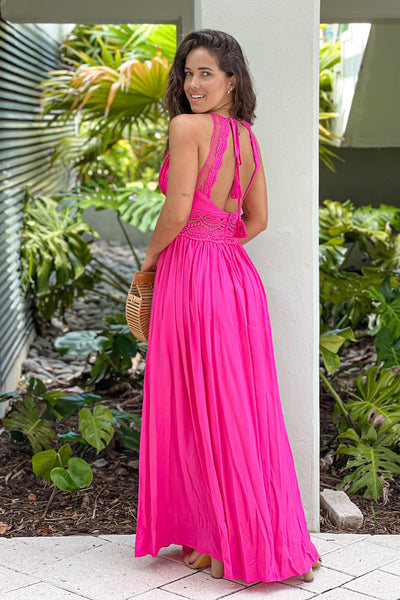 pink maxi dress with open back