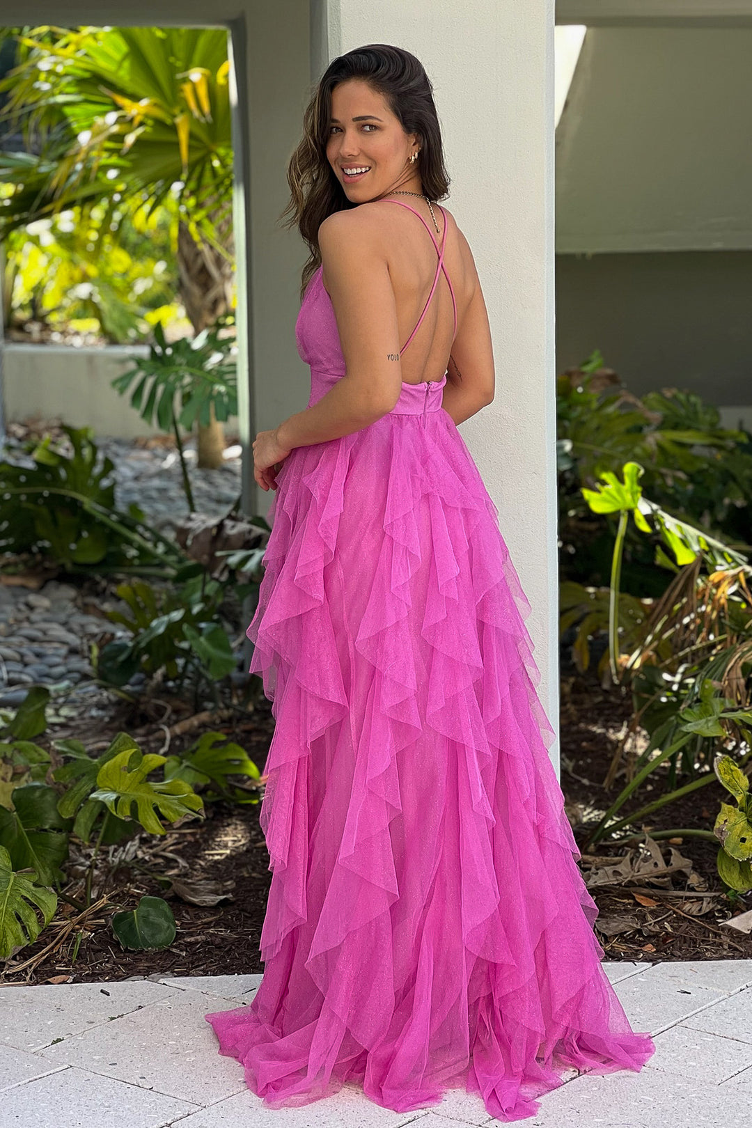 Pink Mesh Ruffled Maxi Dress With Slit | Maxi Dresses  Saved by the Dress