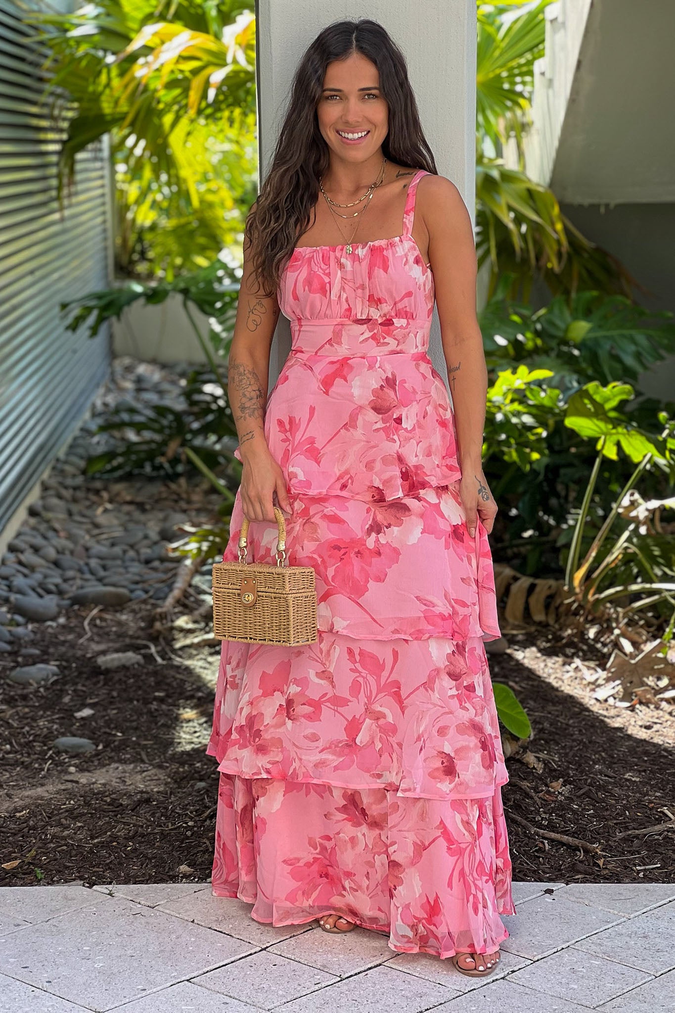 pink multi layered maxi dress