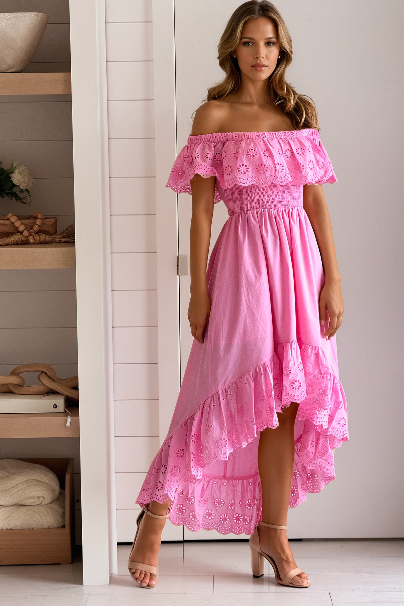 Pink Off Shoulder Smocked Dress