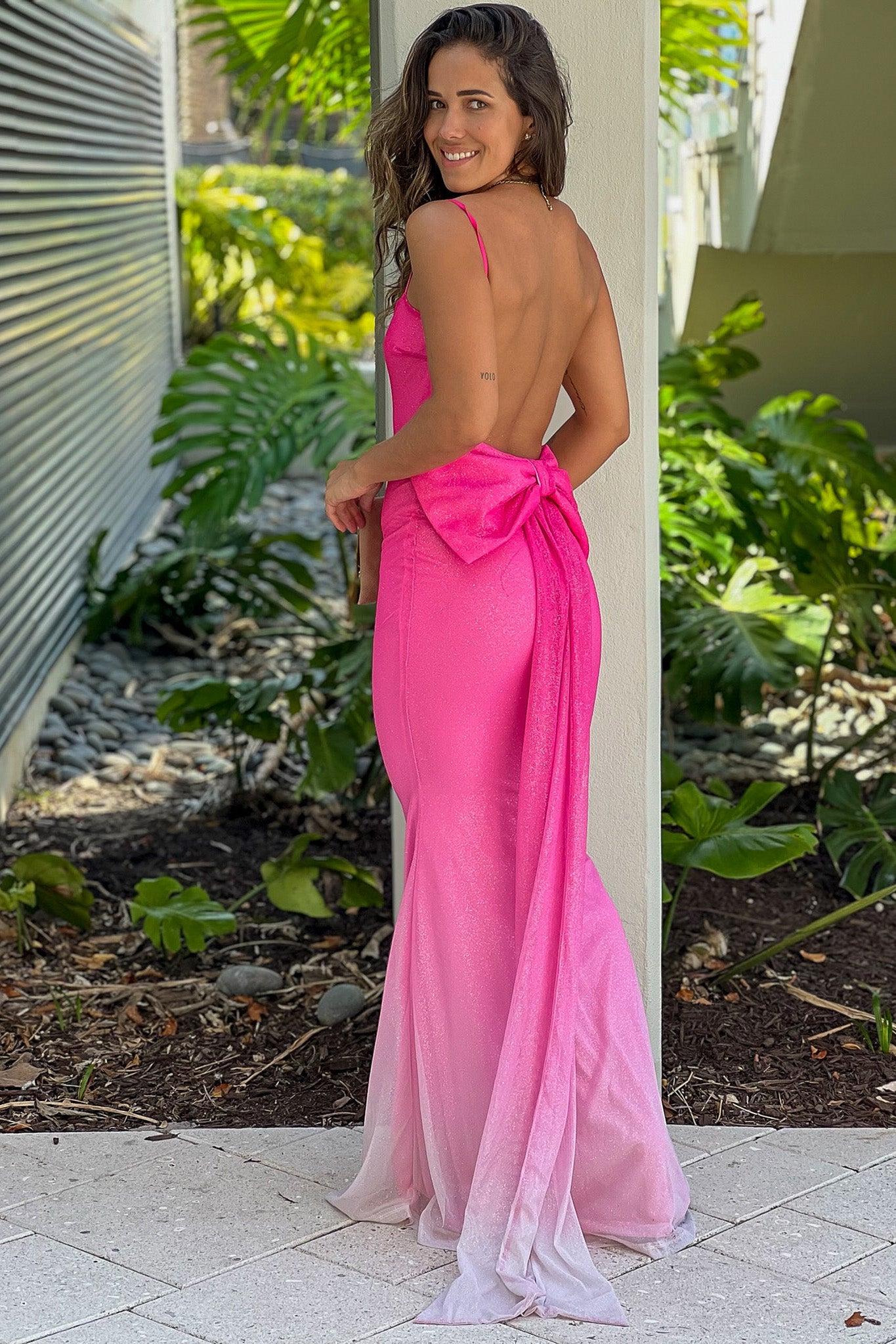 pink bow long dress Back Bow Maxi Dress in Pink