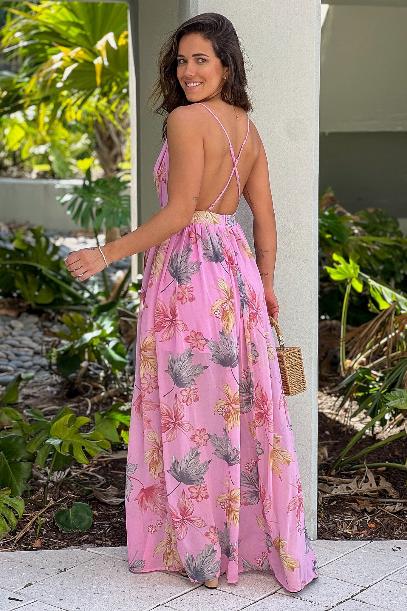 pink printed maxi dress with criss cross back