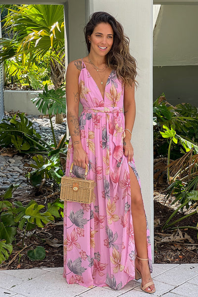 pink printed maxi dress with slit