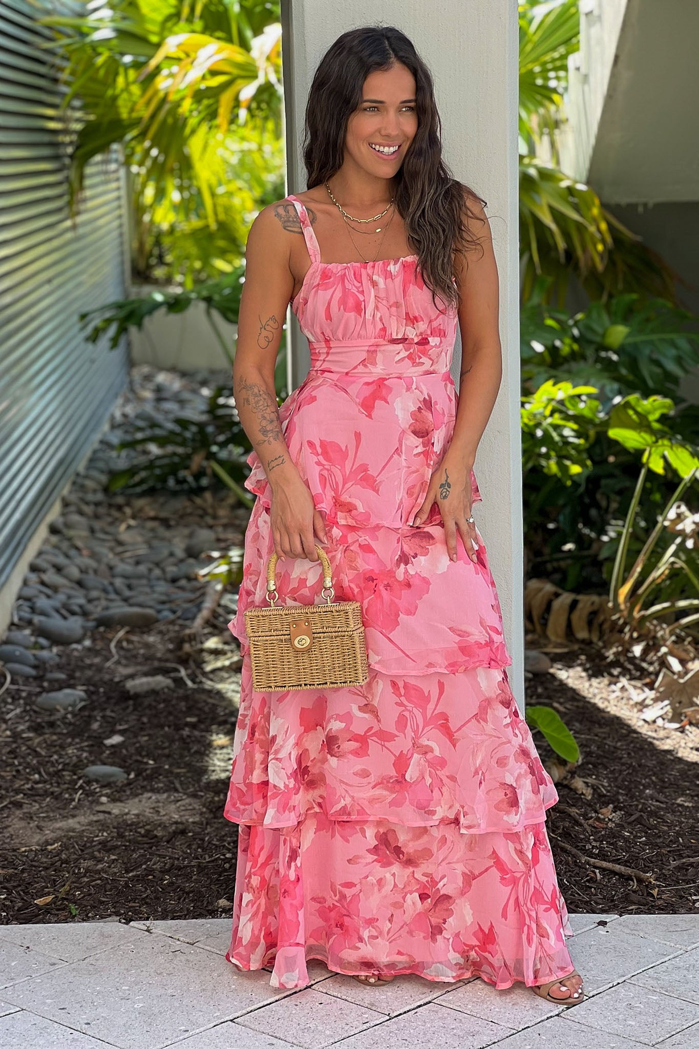 pink printed maxi dress