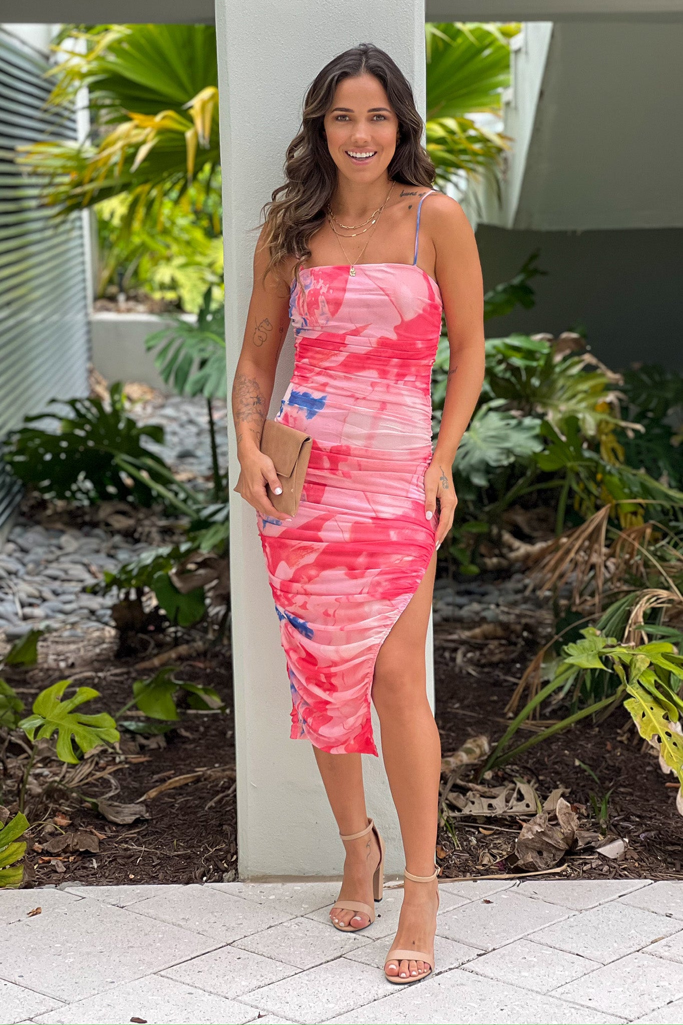 pink printed mesh ruched midi dress with slit