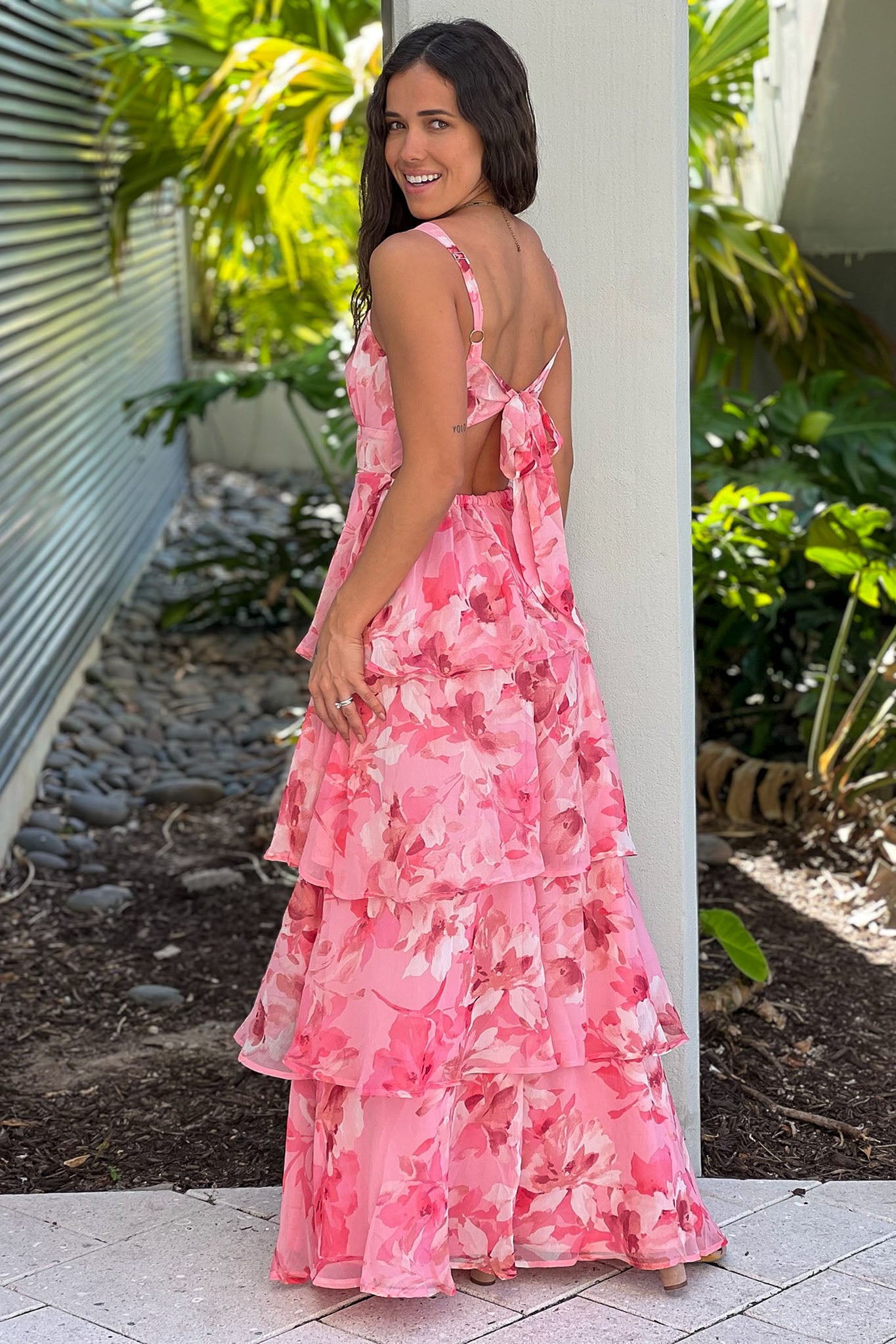 pink self tie back maxi dress