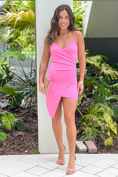 pink short dress with ruched sides