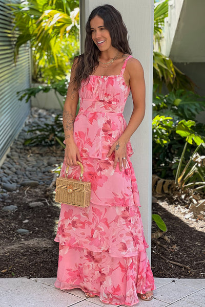 pink tiered maxi dress