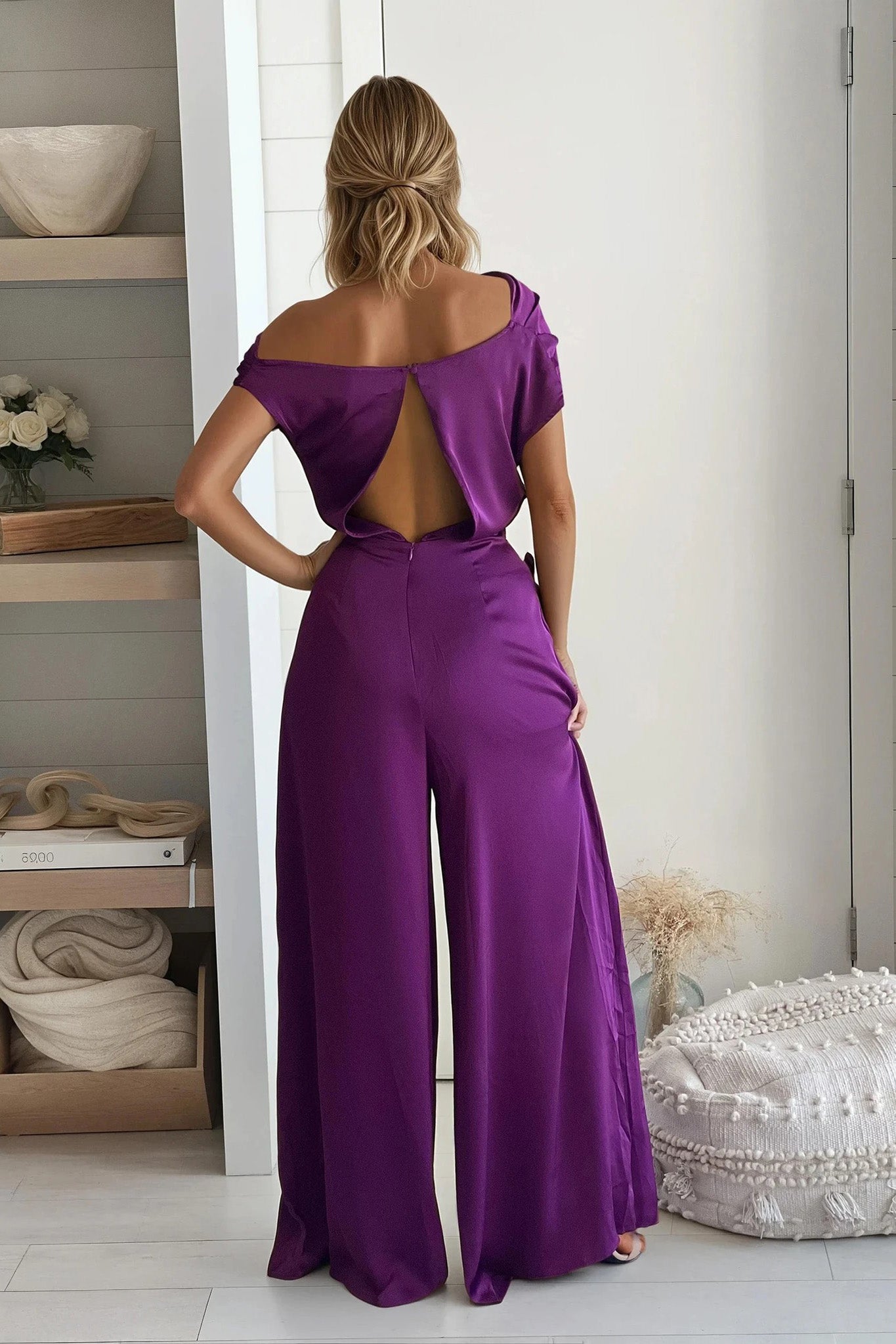 purple satin cut out back jumpsuit