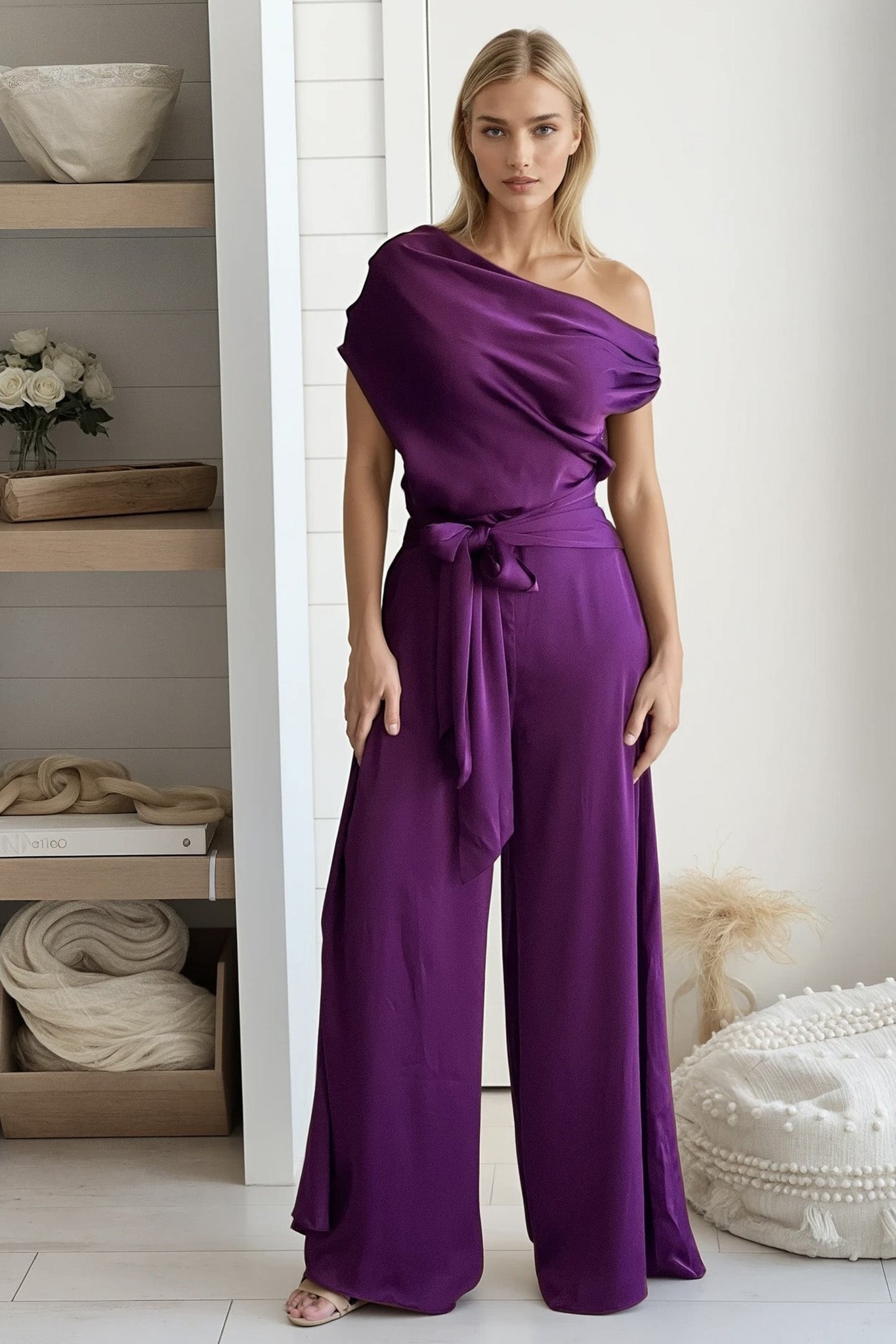 purple satin draped jumpsuit