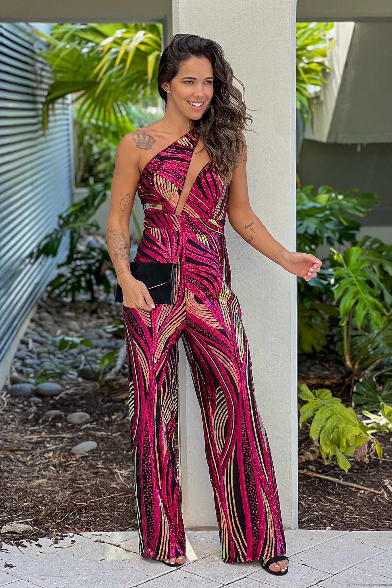 raspberry sequin asymmetric top jumpsuit