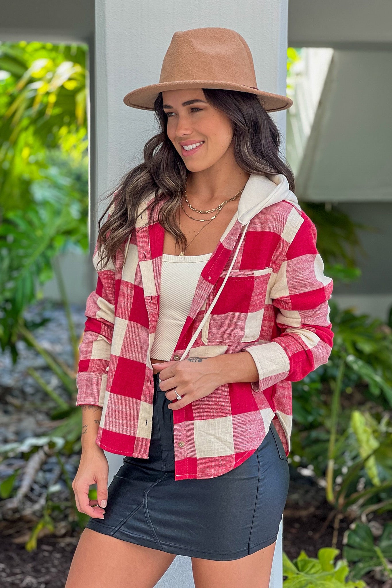 red and cream hooded jacket