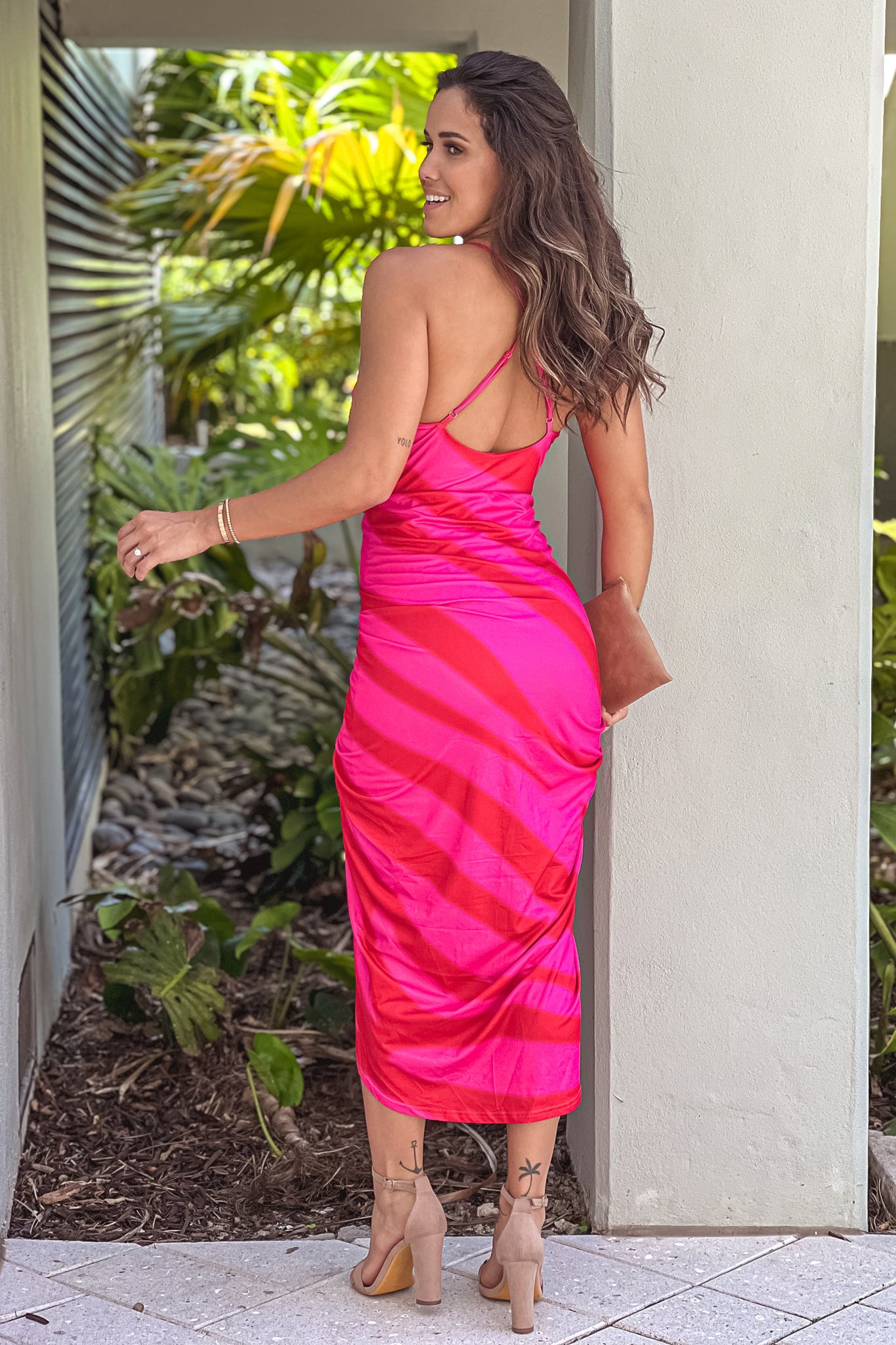 red and pink criss cross back dress