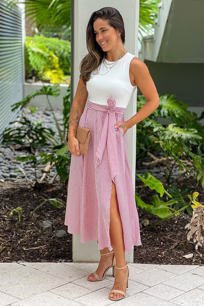 red and white striped midi dress