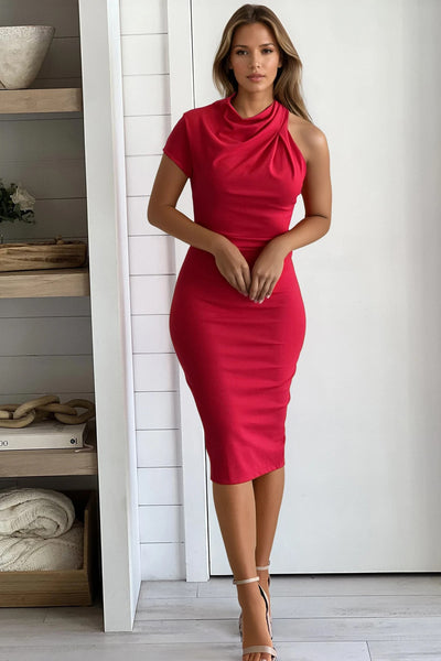 red asymmetrical midi dress