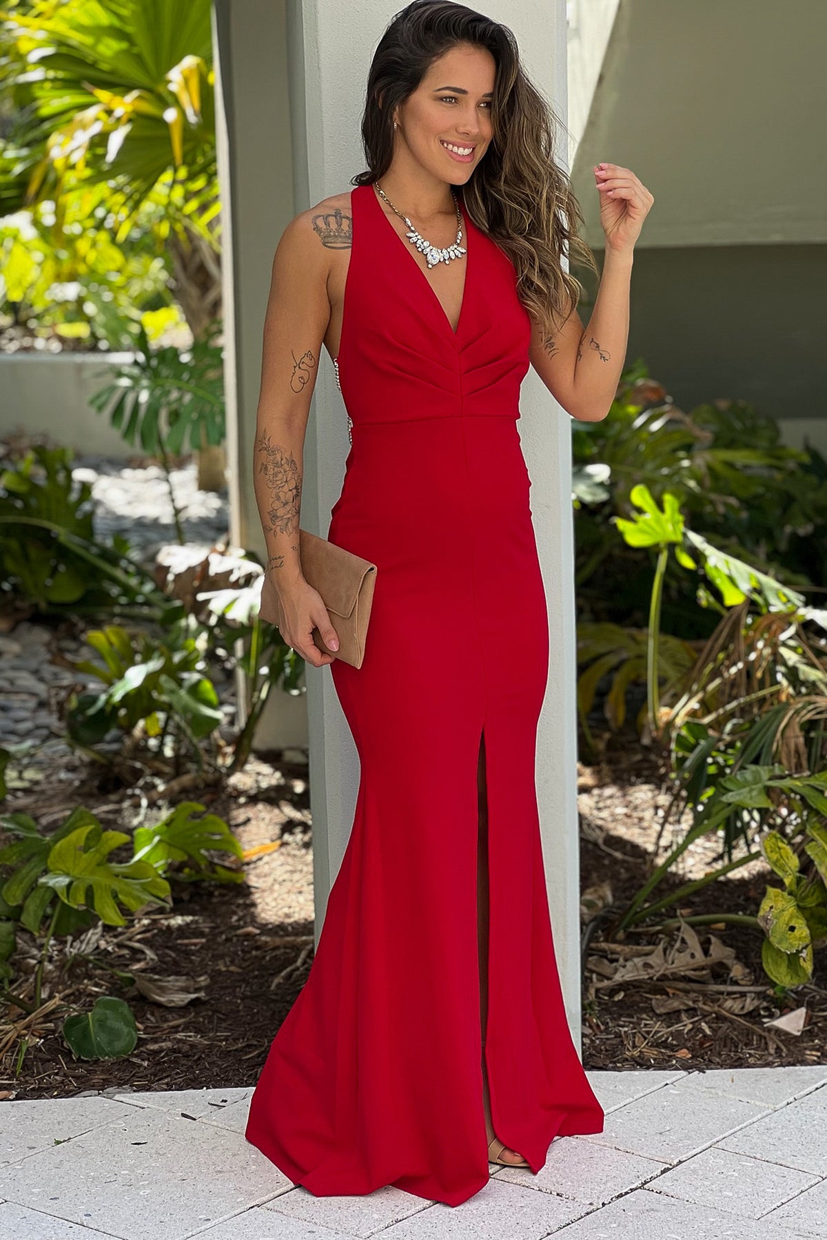 Red Maxi Dress With Rhinestone Multi Strap Back