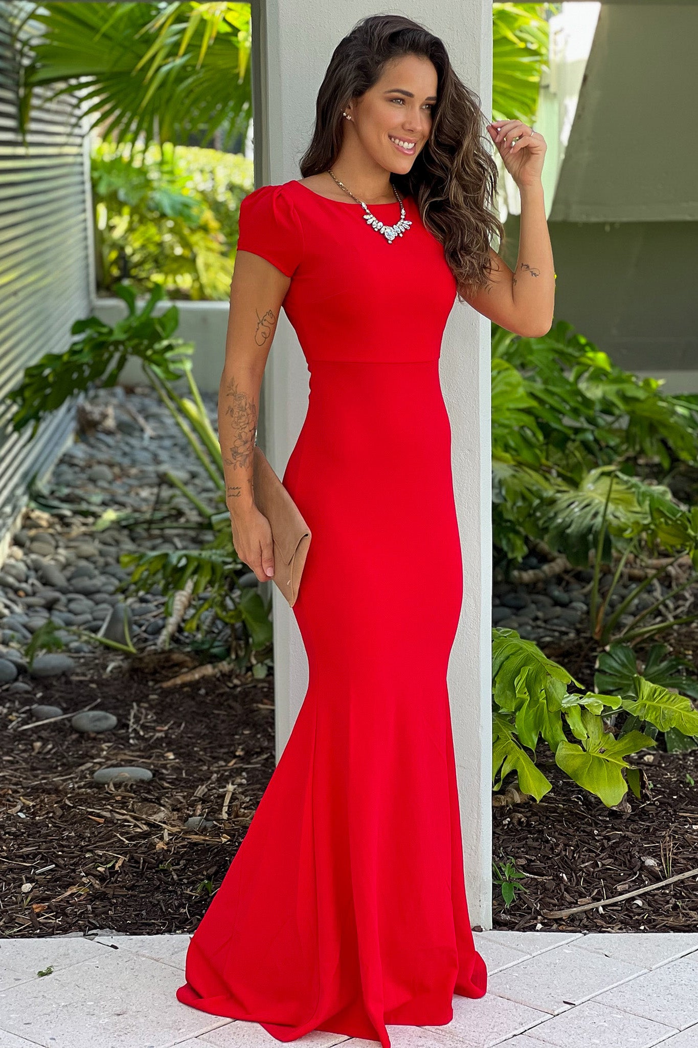 red cap sleeve maxi dress