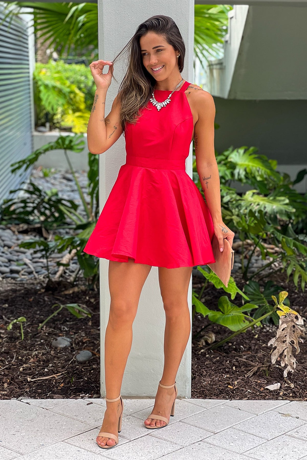 Red Halter Neck Short Dress With Back Bow