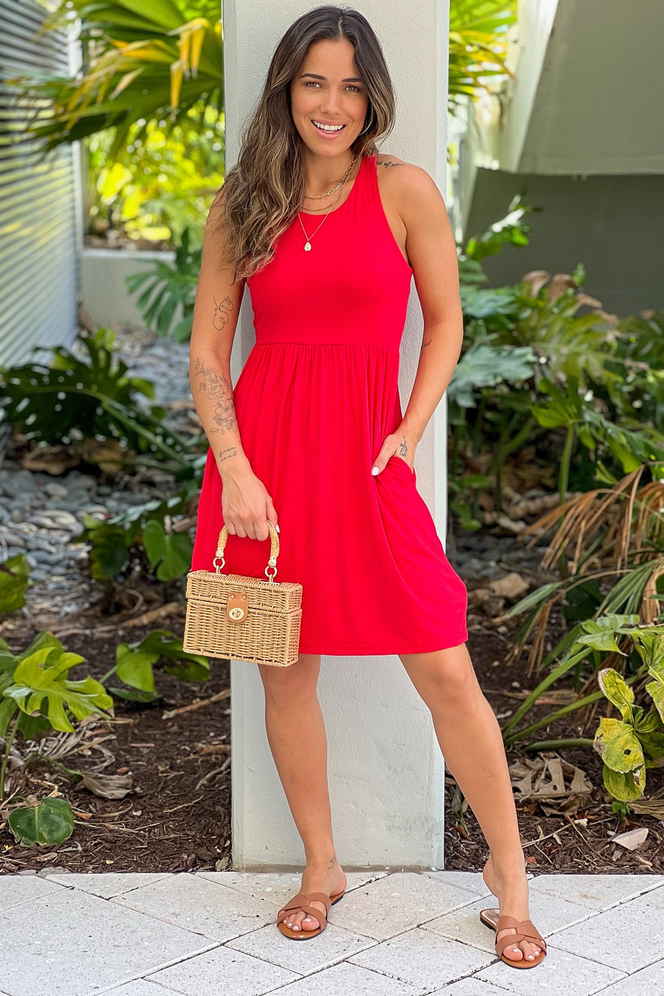 red racerback dress Creased Stretch Crepe Racerback Dress