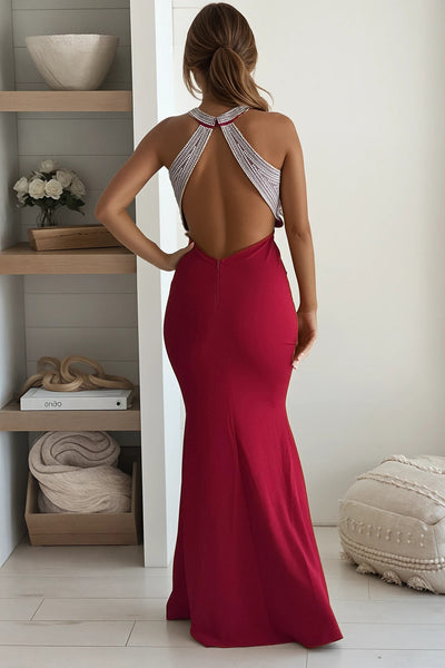 red formal maxi dress with pearl open back