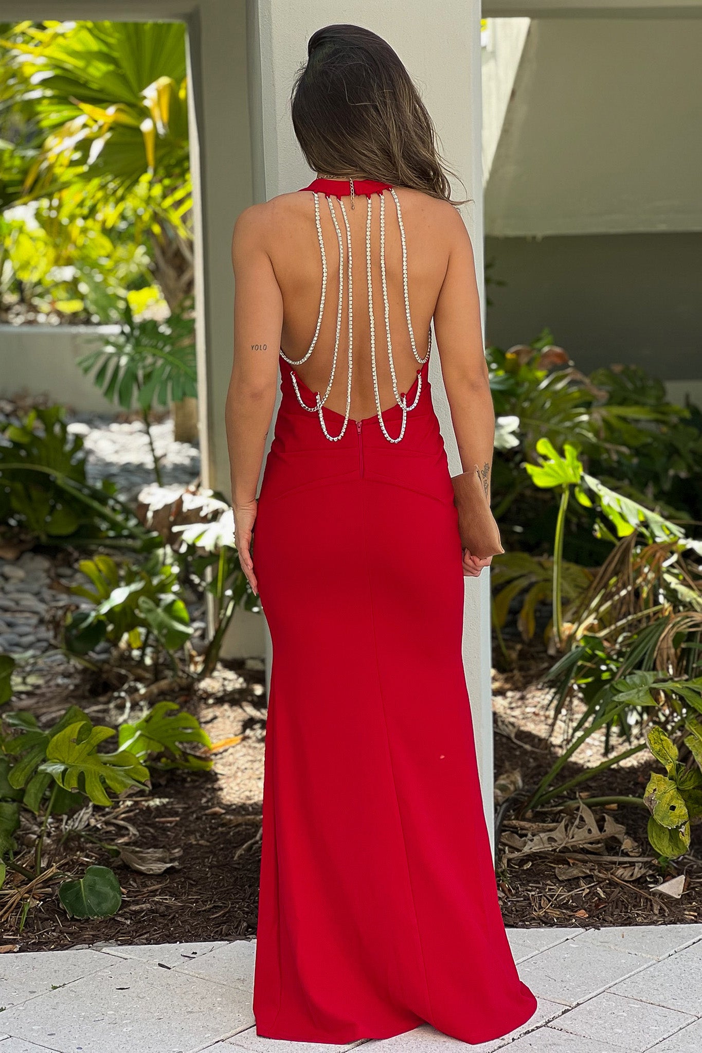 red formal maxi dress with rhinestone multi strap