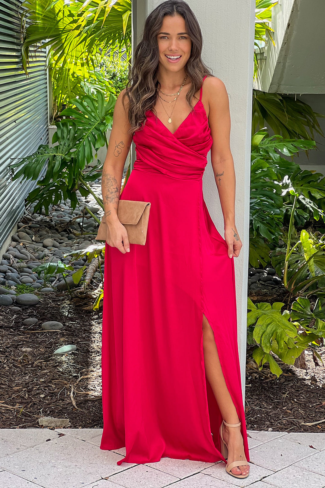Red Satin Maxi Dress With Slit