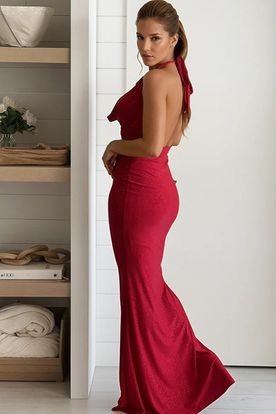 red glitter bridesmaids maxi dress with open back
