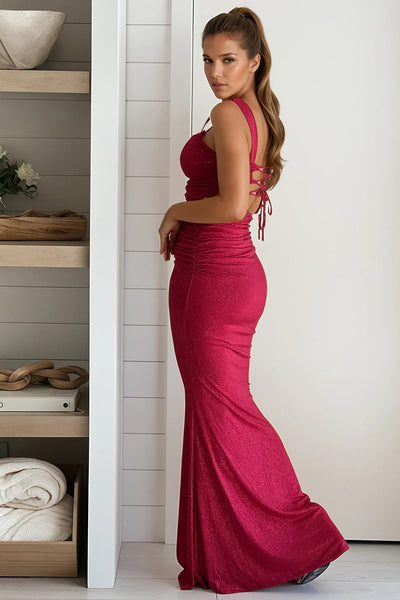 red glitter lace up back maxi dress