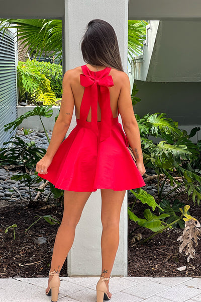 red halter neck short dress with back bow