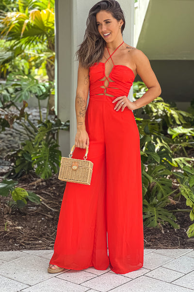 red jumpsuit with cut out