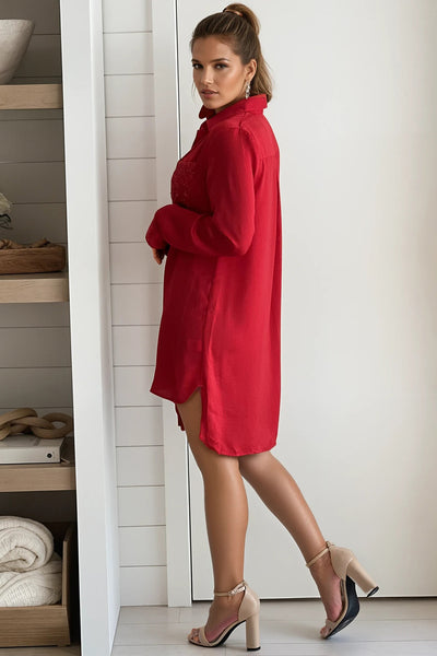 red long sleeve shirt dress