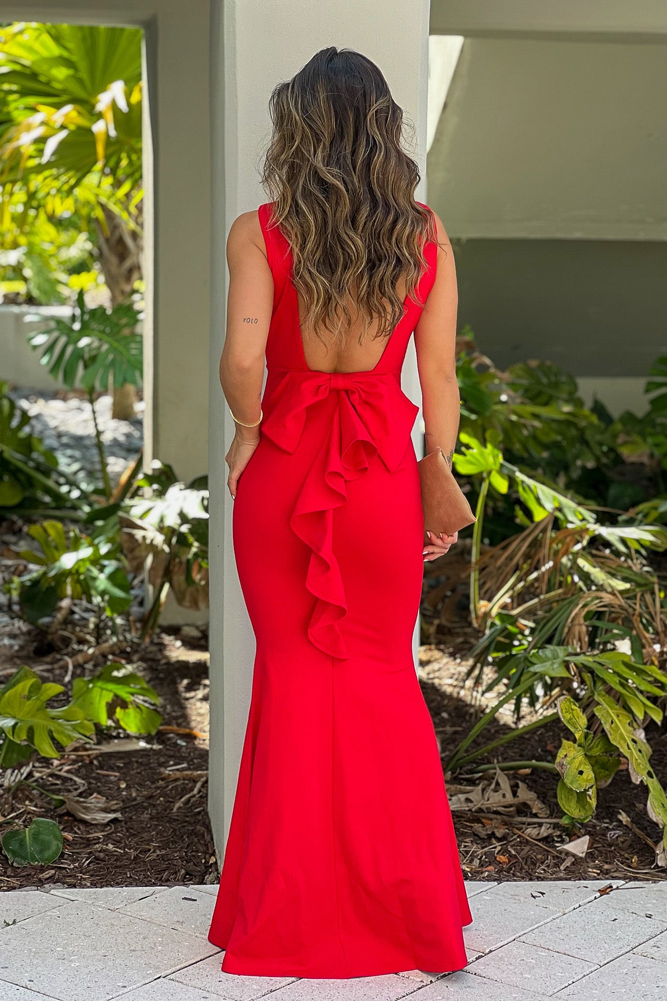 Red Maxi Dress With Open Back And Bow