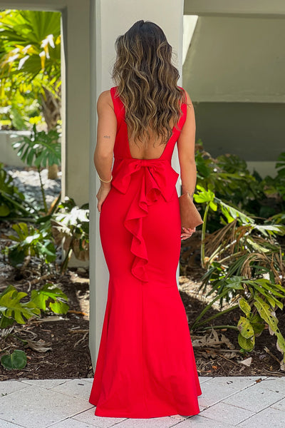 red maxi dress with open back bow