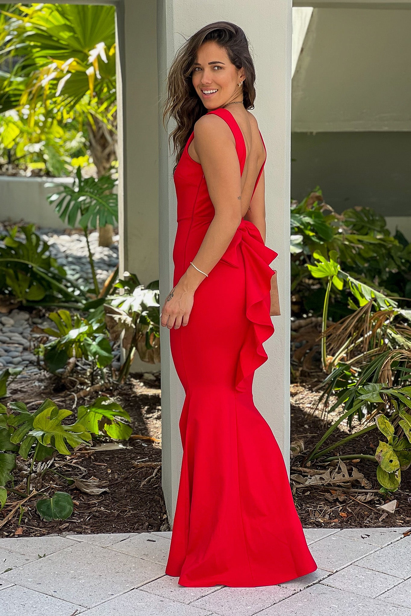 red maxi dress with open back