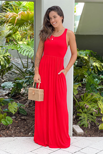 red maxi dress with pockets