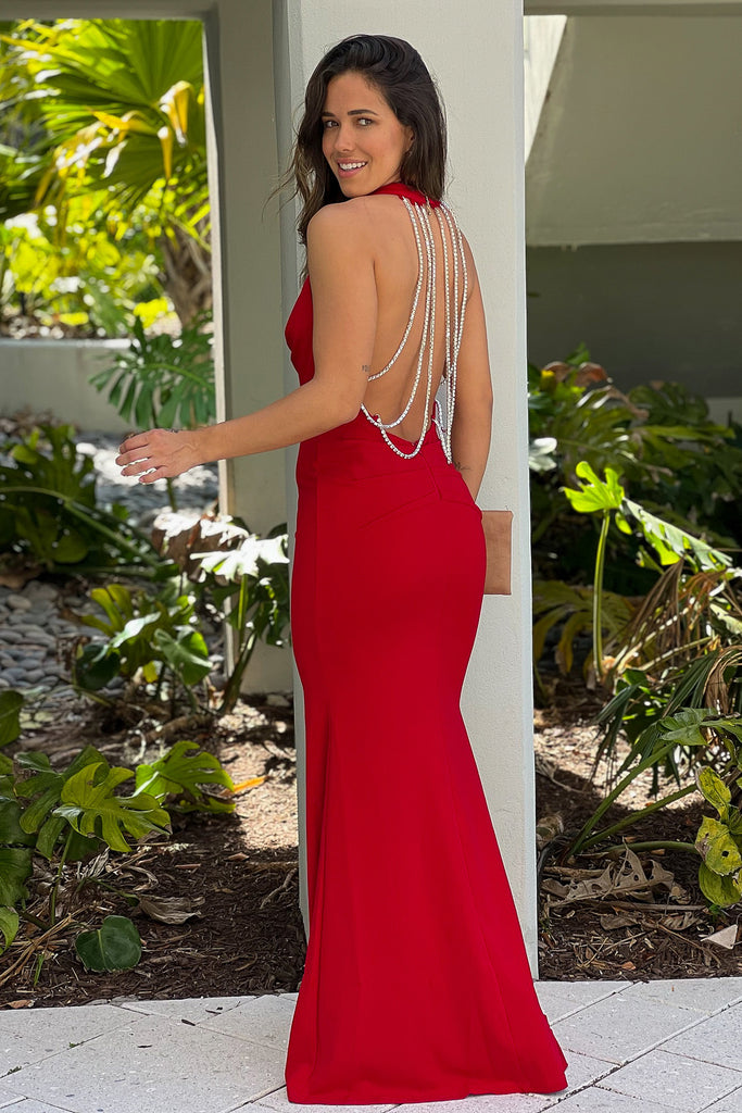 fitted lace wedding dress Red Maxi Dress With Rhinestone Multi Strap Back