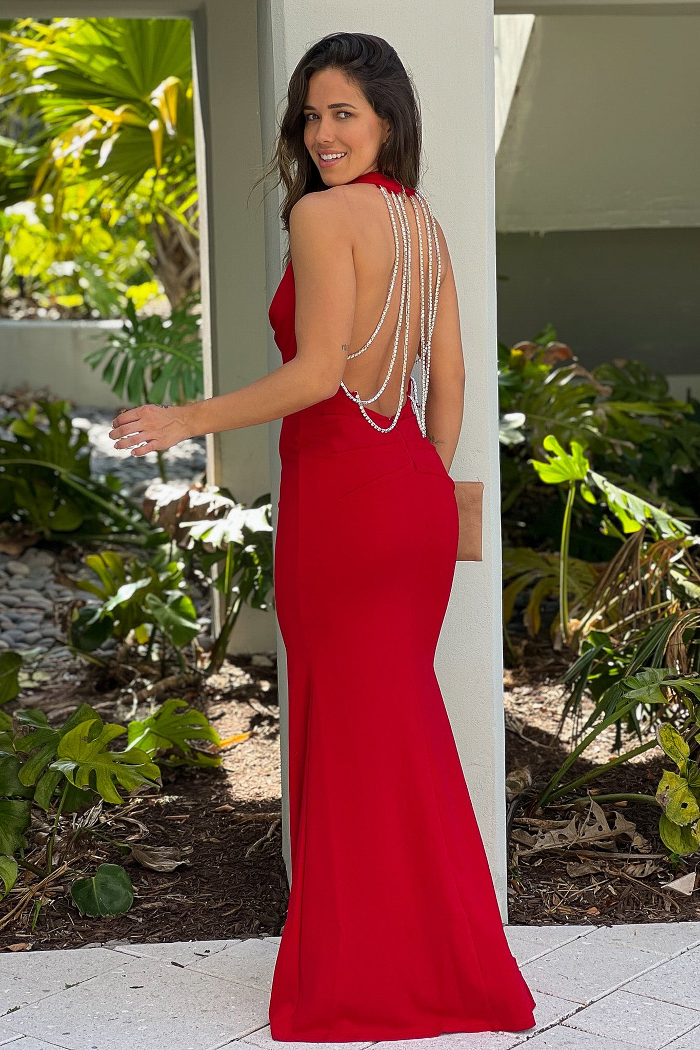 red maxi dress with rhinestone multi strap back