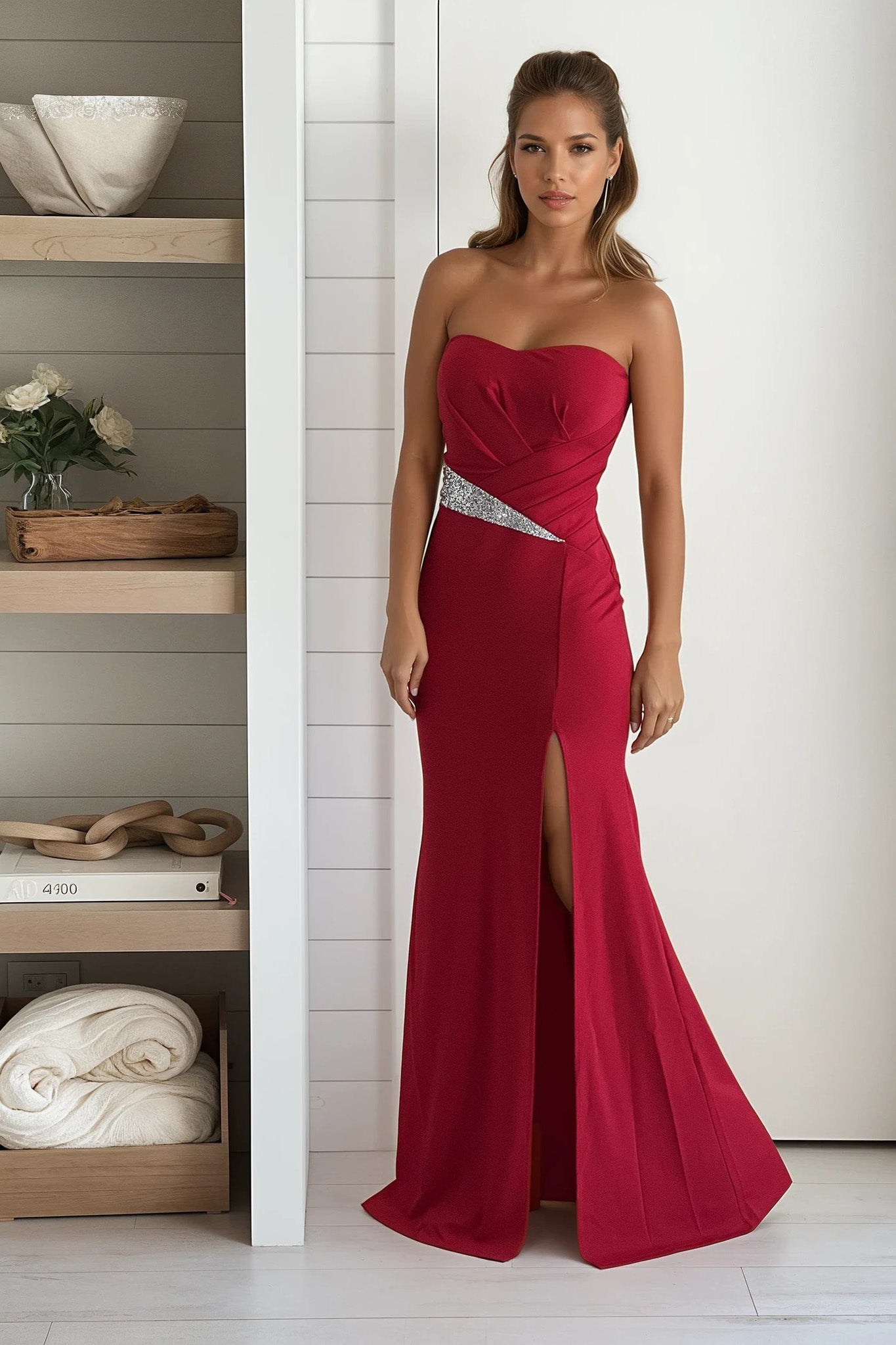 red maxi dress with rhinestone waist detail and slit