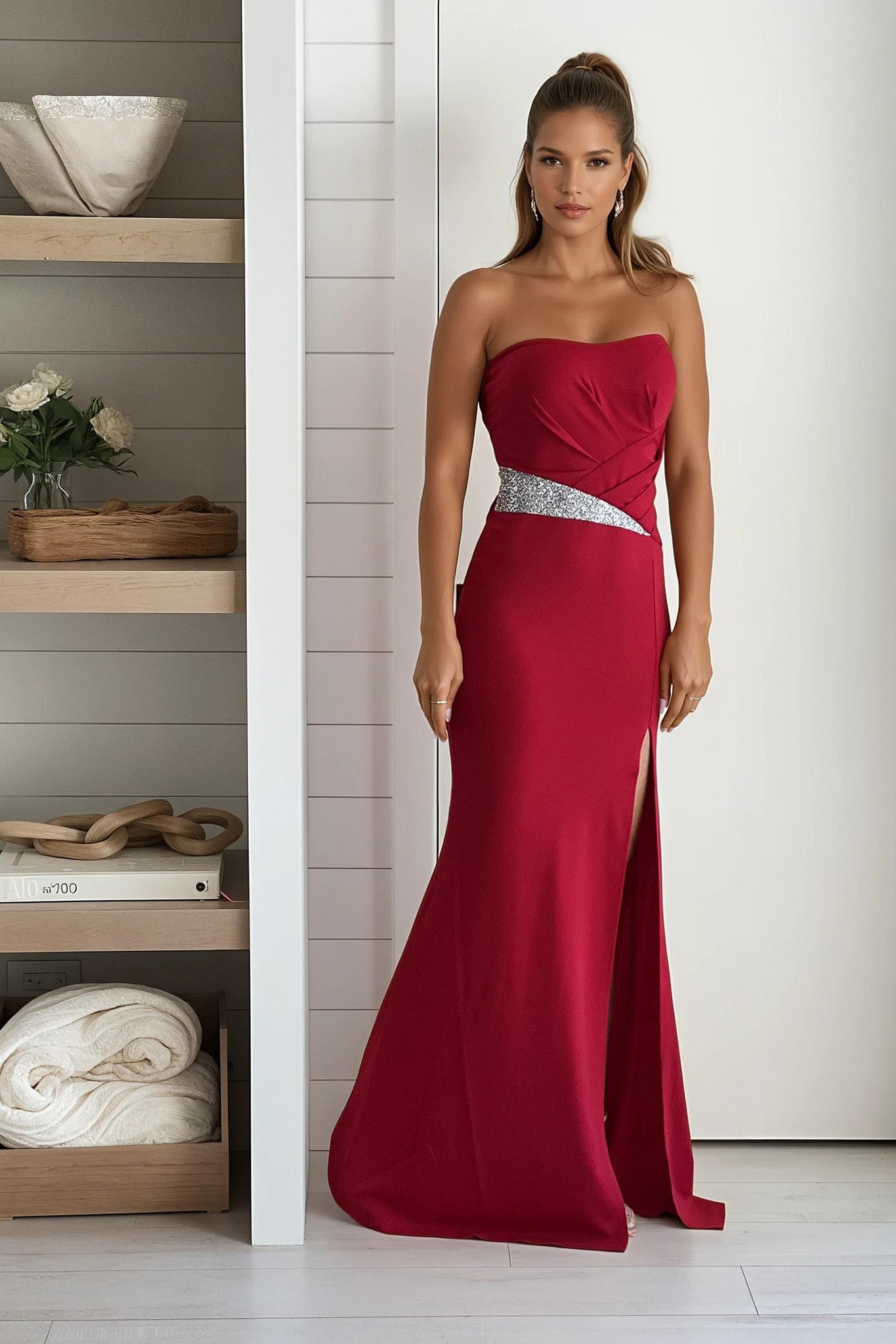 red maxi dress with rhinestone waist detail