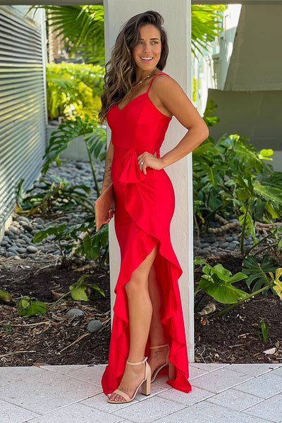 red maxi dress with ruffle slit