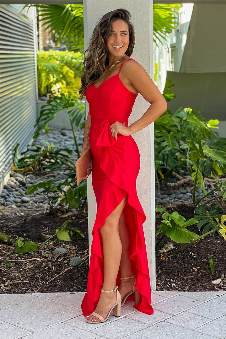 open lace back dress Designer Red Dress | Deep Plunge Neckline Dress