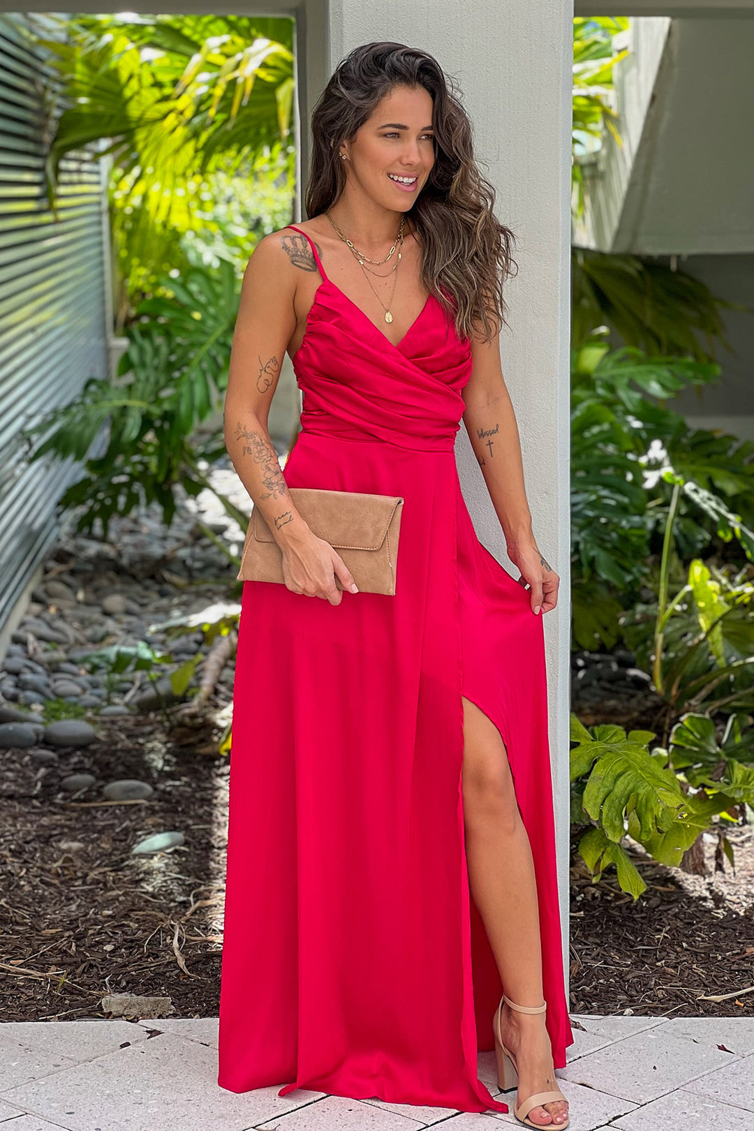 red maxi split dress boohoo Women's Satin Plunge Front Split Leg Maxi Dress